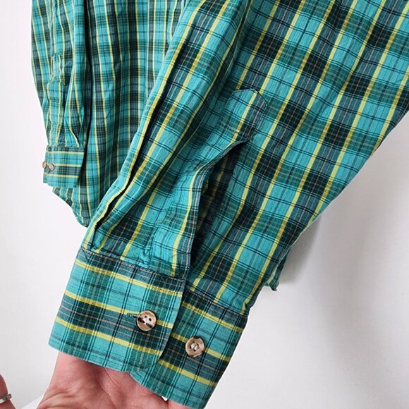 Vtg Cotton Plaid Long Sleeve Collared Button Down Shirt Turquoise Green Yellow - Picture 9 of 16